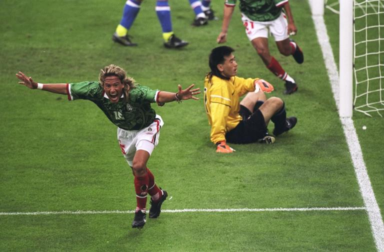 13 Jun 1998: Luis Hernandez of Mexico celebrates after scoring in the World Cup group E game against South Korea at the Stade Gerland in Lyon, France. Hernandez scored twice as Mexico won 3-1. \ Mandatory Credit: Doug Pensinger /Allsport