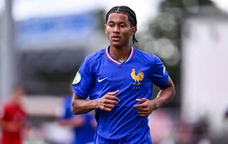 Northern Ireland , United Kingdom - 16 July 2024; Senny Mayulu of France during the UEFA European U19 Championship Finals match between France and T&uuml;rkiye at Seaview in Belfast, Northern Ireland. (Photo By Ben McShane/Sportsfile via Getty Images)