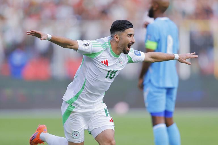 Mohamed Amoura of Algeria celebrates goal during the FIFA World Cup Qualifiers 2026 match between Somalia and Algeria held at Miloud Hadefi Stadium in Oran , Algeria on 09 October 2025 ©Djaffar Ladjal/BackpagePix
