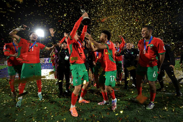 SANTIAGO, CHILE - OCTOBER 19: Othmane Maamma of Morocco lifts the FIFA U-20 World Cup trophy following his side's victory in the FIFA U-20 World Cup Chile 2025 final match between Argentina and Morocco at Estadio Nacional Julio Martínez Prádanos on October 19, 2025 in Santiago, Chile. (Photo by Buda Mendes - FIFA/FIFA via Getty Images)