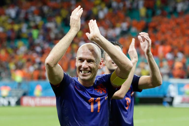 , BRAZIL - JUNE 13: Arjen Robben of Holland celebrates the victory
during the World Cup match between Spain v Holland on June 13, 2014 (Photo by Eric Verhoeven/Soccrates/Getty Images)