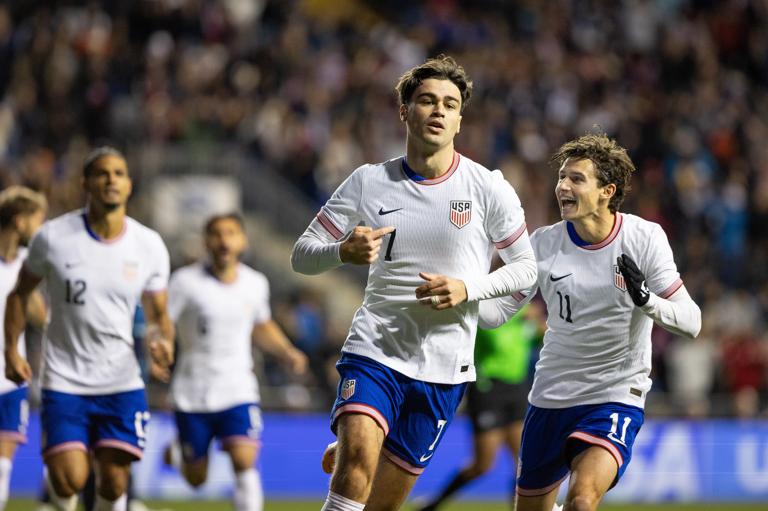 CHESTER, PENNSYLVANIA - NOVEMBER 15: Gio Reyna #7 of the United States celebrates his goal during the international friendly match between USA and Paraguay at Subaru Park on November 15, 2025 in Chester, Pennsylvania. (Photo by Aric Becker/ISI Photos/ISI Photos via Getty Images)