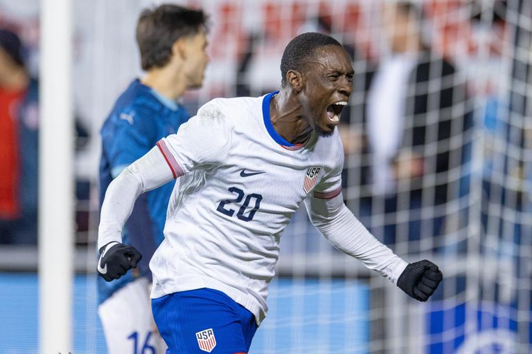 CHESTER, PA - NOVEMBER 15: Folarin Balogun #20 of United States celebrates after scoring the team's second goal during a game between Paraguay and the United States at Subaru Park on November 15, 2025 in Chester, Pennsylvania. (Photo by John Dorton/ISI Photos/USSF/Getty Images)