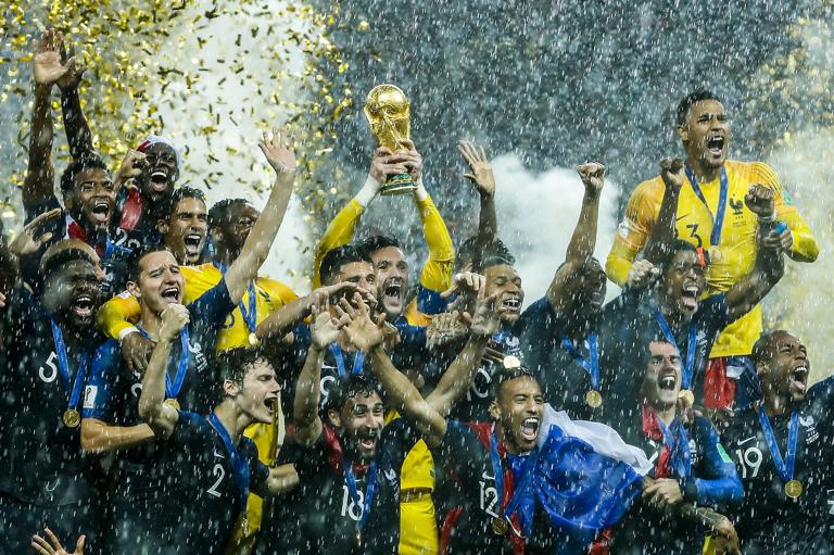 France goalkeeper Hugo Lloris lifts the trophy.
France goalkeeper Hugo Lloris, Benjamin Pavard of France, Presnel Kimpembe of France, Raphael Varane of France, Samuel Umtiti of France, Paul Pogba of France, Antoine Griezmann of France, Thomas Lemar of France, Olivier Giroud of France, Kylian Mbappe of France, Ousmane Dembele of France, Corentin Tolisso of France, Ngolo Kante of France, Blaise Matuidi of France, Steven N Zonzi of France, France goalkeeper Steve Mandanda, Adil Rami of France, Nabil Fekir of France, Djibril Sidibe of France, Florian Thauvin of France, Lucas Hernandez of France, Benjamin Mendy of France, France goalkeeper Alphonse Areola, during the 2018 FIFA World Cup Russia Final match between France and Croatia at the Luzhniki Stadium on July 15, 2018 in Moscow, Russia(Photo by VI Images via Getty Images)