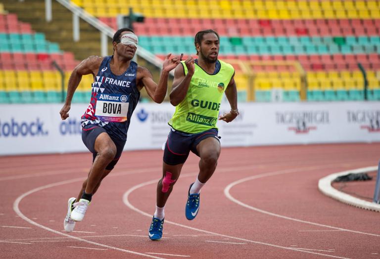 BERLIN, GERMANY - 24.08.2018: Sylvain Bova and his guide Germain Haewegene of France competing in men´s 200m class T11 during the Berlin 2018 World Para Athletics European Championships at Friedrich-Ludwig-Jahn-Sportpark on August 24, 2018 in Berlin, Germany. (Photo by Marcus Hartmann/Getty Images)