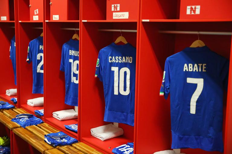 RECIFE, BRAZIL - JUNE 20: Match shirts worn by players of Italy hang in the dressing room prior to the 2014 FIFA World Cup Brazil Group D match between Italy and Costa Rica at Arena Pernambuco on June 20, 2014 in Recife, Brazil. (Photo by Alex Livesey - FIFA/FIFA via Getty Images)