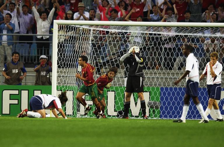 SUWON - JUNE 5: Jeff Agoos of the USA scores an own goal during the second half of the Portugal v USA, Group D, World Cup Group Stage match played at the Suwon World Cup Stadium, Suwon, South Korea on June 5, 2002. USA won the game 3 - 2. (Photo by Clive Brunskill/Getty Images)