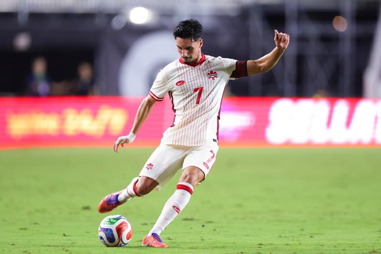 FORT LAUDERDALE, FLORIDA - NOVEMBER 18: Stephen Eustáquio #7 of Canada plays against Venezuela during the second half in a International Friendly at Chase Stadium on November 18, 2025 in Fort Lauderdale, Florida. (Photo by Megan Briggs/Getty Images)