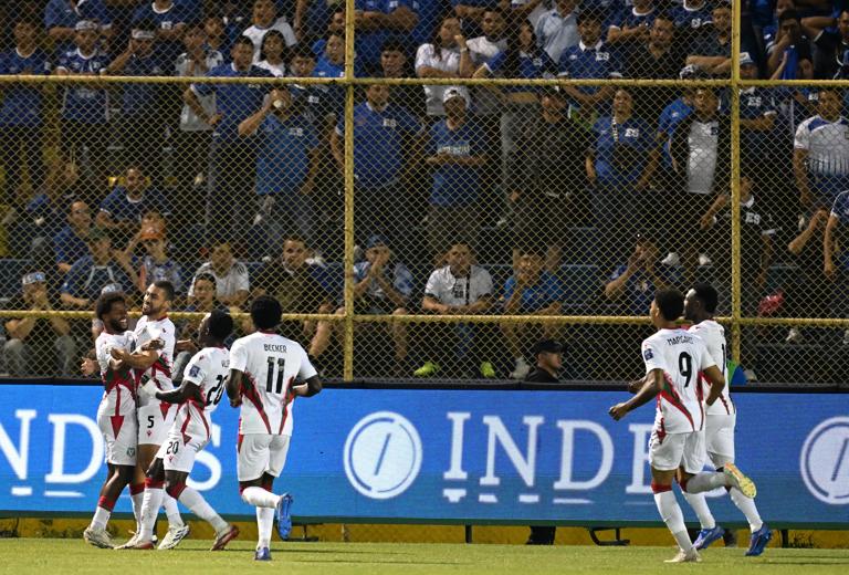 Suriname players celebrate their second goal during the 2026 FIFA World Cup Concacaf qualifier football match between El Salvador and Suriname at the Cuscatlan Stadium in San Salvador on September 8, 2025. (Photo by MARVIN RECINOS / AFP) (Photo by MARVIN RECINOS/AFP via Getty Images)