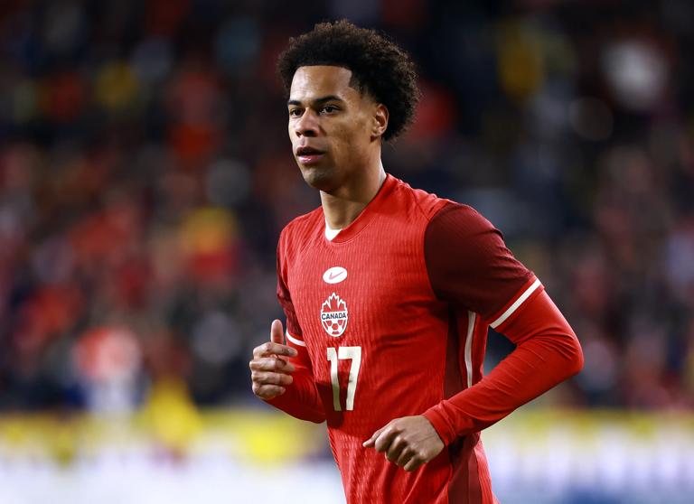 TORONTO, ON - NOVEMBER 13: Tajon Buchanan #17 of Canada looks on during an International Friendly against Ecuador at BMO Field on November 13, 2025 in Toronto, Ontario, Canada. (Photo by Vaughn Ridley/Getty Images)