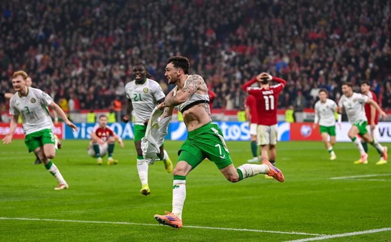 Hungary , Hungary - 16 November 2025; Troy Parrott of Republic of Ireland celebrates after scoring his side's third goal during the FIFA World Cup 2026 Group F Qualifier match between Hungary and Republic of Ireland at Puskás Aréna in Budapest, Hungary. (Photo By Stephen McCarthy/Sportsfile via Getty Images)
